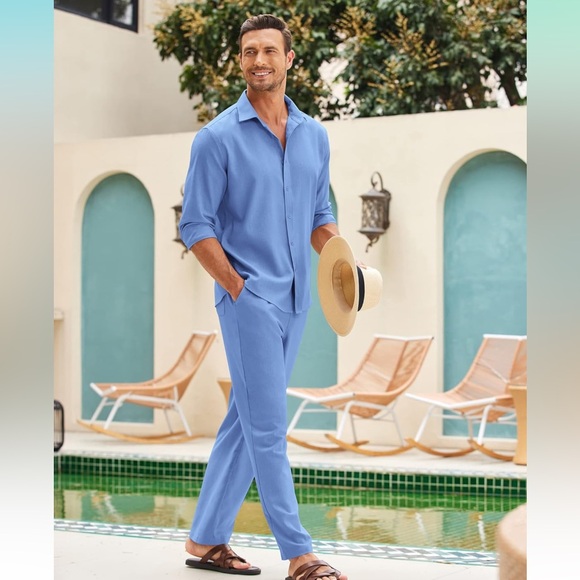 COOFANDY Men's 2 Piece Linen Sets Casual Long Sleeve Button Down Cuban Shirt And Loose Pants Set Beach Vacation Outfits Review